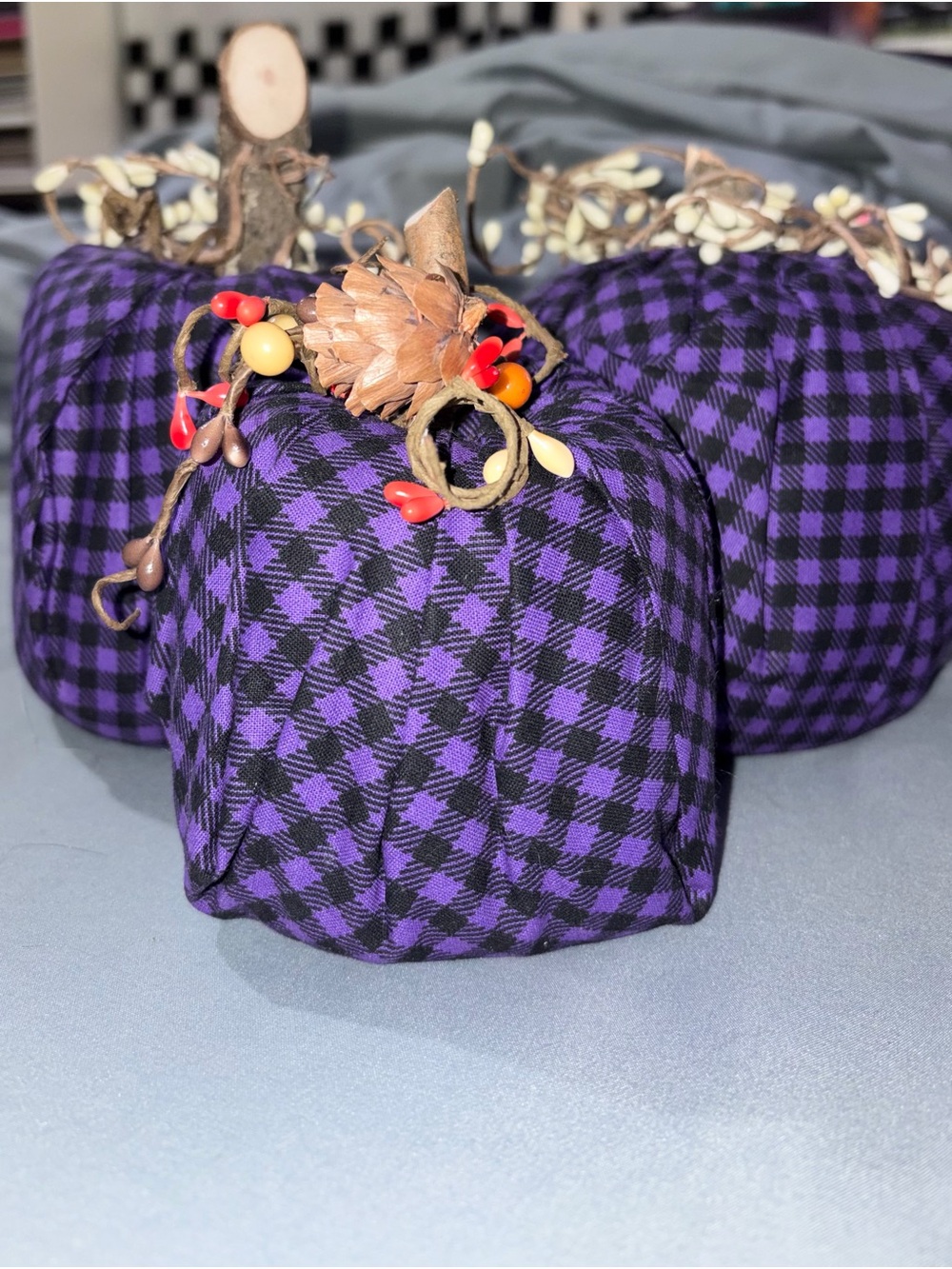 Purple and Black Plaid pumpkin decor- Unbranded